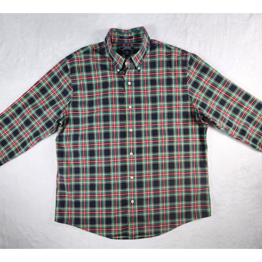 Lands' End Shirt Mens XL Red Plaid No Iron Twill Button Down Traditional Fit